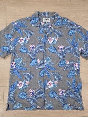 Free Planet Gray Short-Sleeve Button-DownShirt with Blue Tropical Print Hawaiian